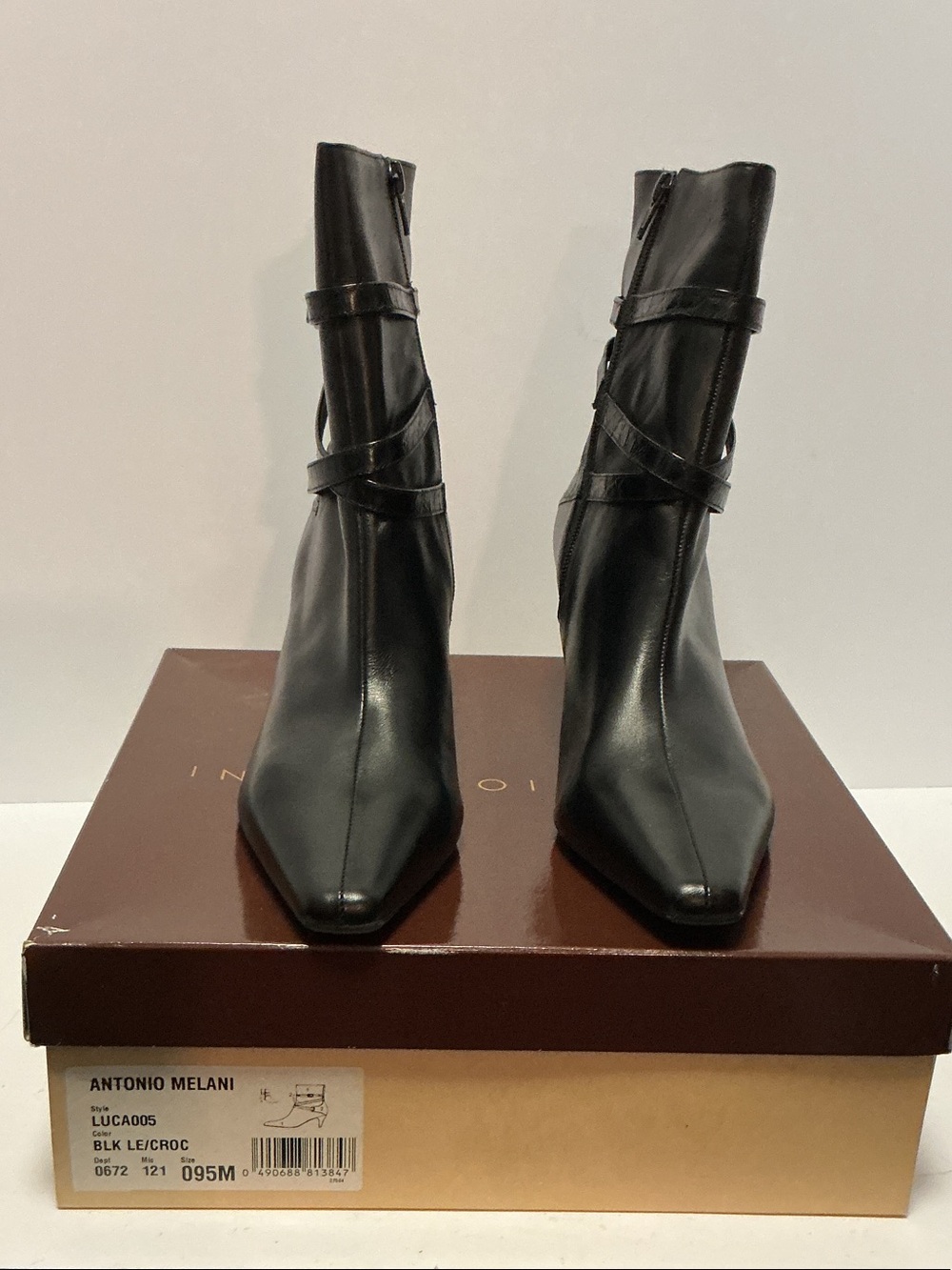 ANTONIO MELANI Black Pointed Toe Strap Ankle Boots